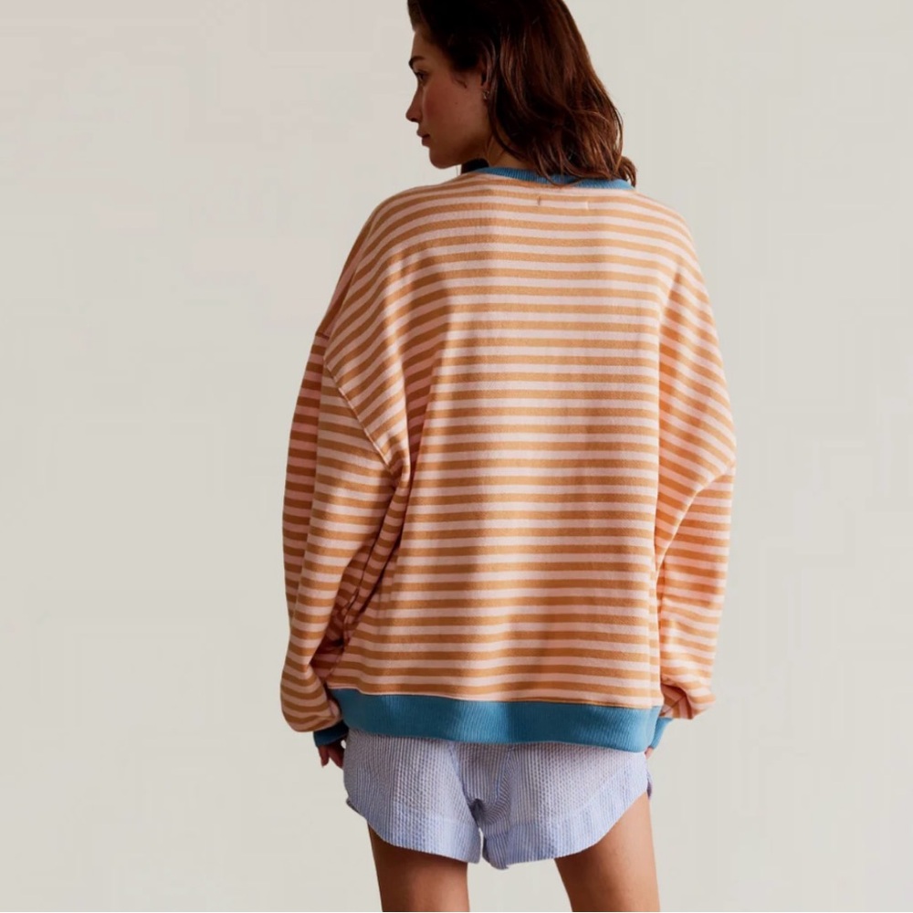 We The Free Classic Striped Oversized Crewneck Yellow Pink Blue Top Rated - Picture 2 of 11